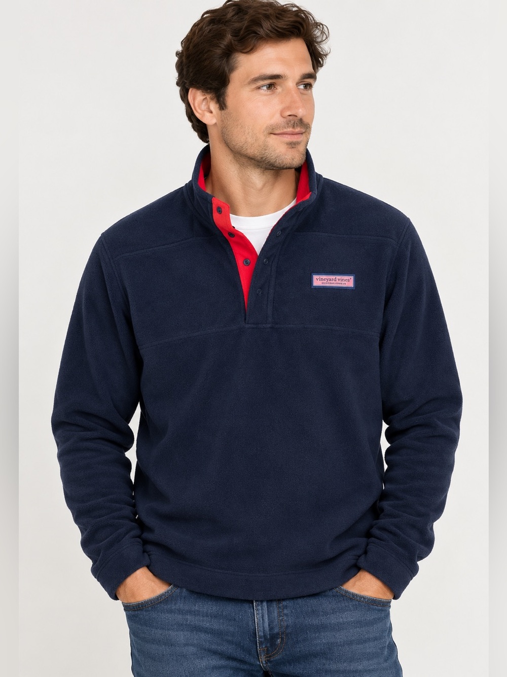 Vineyard Vines Shep Shirt Fleece Pullover Navy Red Men’s Snap Neck 20.5x26.5